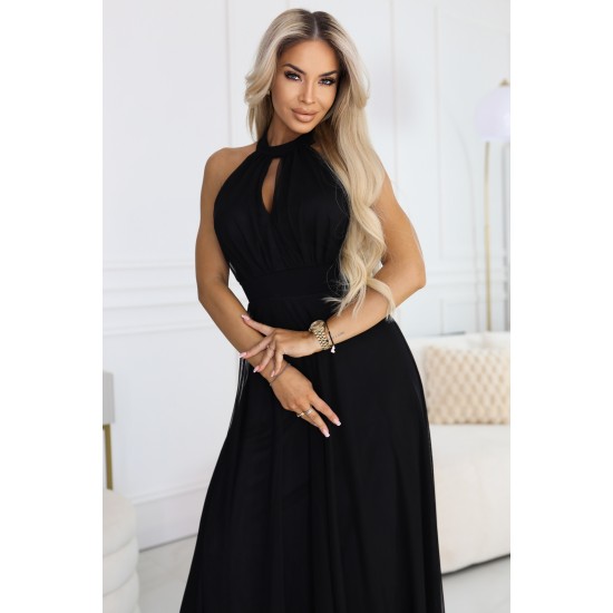 Черна дълга рокля с тюл 662-2