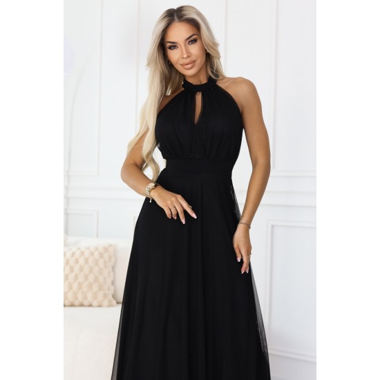 Черна дълга рокля с тюл 662-2