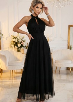 Черна дълга рокля с тюл 662-2