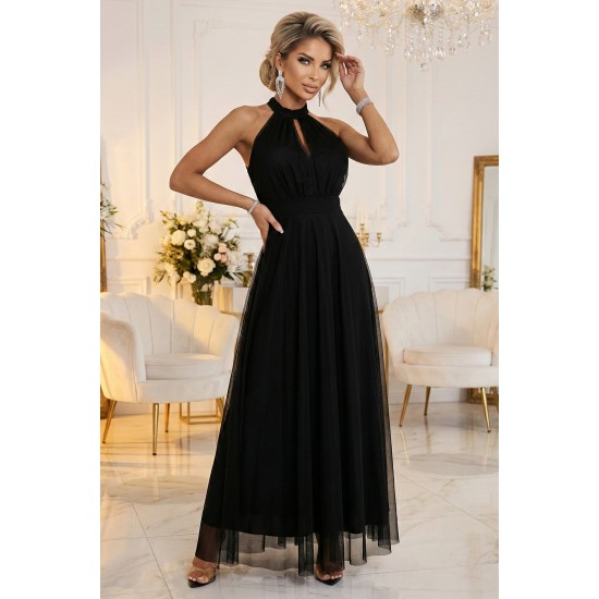 Черна дълга рокля с тюл 662-2