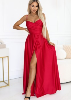 Дълга рокля с цепка в червен цвят 646-3