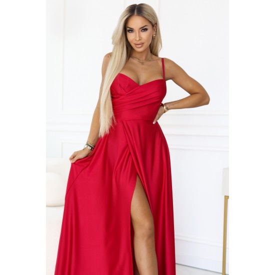 Дълга рокля с цепка в червен цвят 646-3