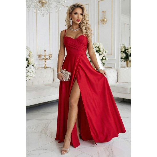Дълга рокля с цепка в червен цвят 646-3