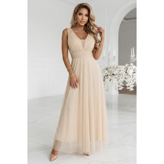 Елегантна дълга рокля в цвят шампанско 637-4
