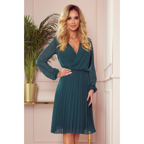 Плисирана рокля с дълъг ръкав в зелен цвят 313-1