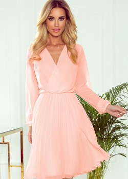 Плисирана рокля с дълъг ръкав в цвят праскова 313-2