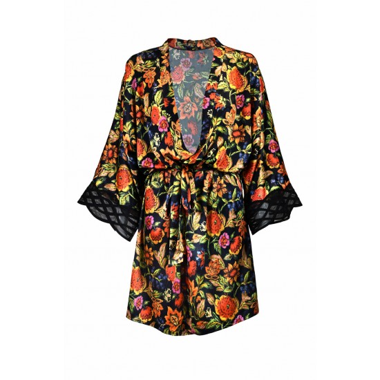 Сатенен халат в черен цвят FLOWER 20002