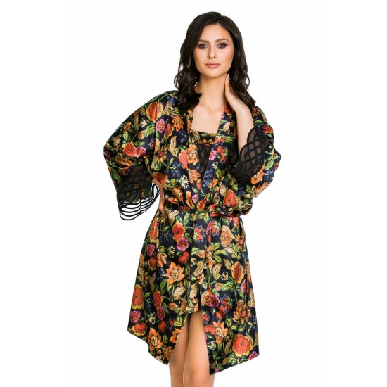 Сатенен халат в черен цвят FLOWER 20002