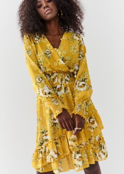 Ефирна рокля с дълги ръкави в цвят горчица FG637 Ефирна рокля с дълги ръкави в цвят горчица FG637