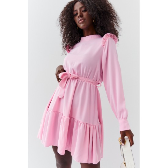 Разкроена рокля с дълъг ръкав в розов цвят 17576 Разкроена рокля с дълъг ръкав в розов цвят 17576