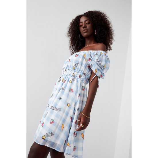 Разкроена рокля с къс ръкав в светлосин цвят 30380 Разкроена рокля с къс ръкав в светлосин цвят 30380