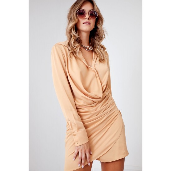Елегантна рокля с дълъг ръкав в бежов цвят 110537 Елегантна рокля с дълъг ръкав в бежов цвят 110537