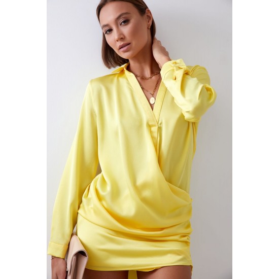 Сатенена рокля с дълъг ръкав в жълт цвят FG641 Сатенена рокля с дълъг ръкав в жълт цвят FG641