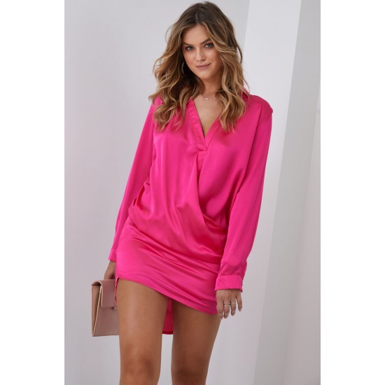Сатенена рокля с дълъг ръкав в розов цвят FG641 Сатенена рокля с дълъг ръкав в розов цвят FG641