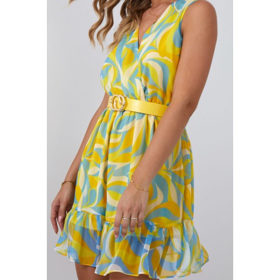 Ефирна къса рокля в жълт и син цвят 03040 Ефирна къса рокля в жълт и син цвят 03040