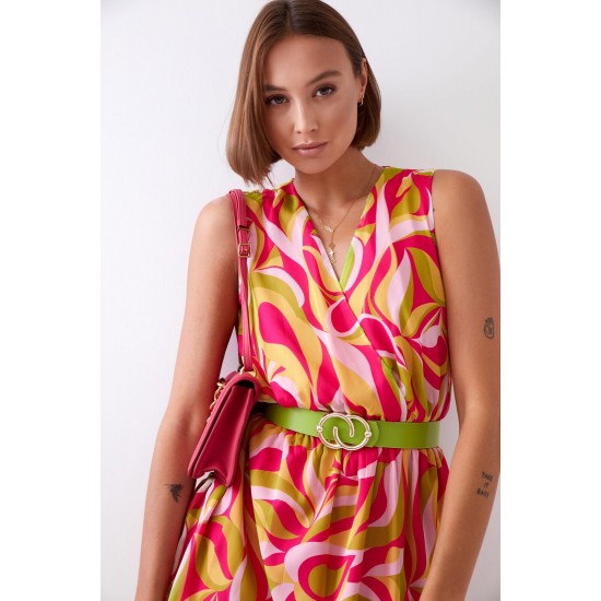 Ефирна къса рокля в розов и зелен цвят 03040 Ефирна къса рокля в розов и зелен цвят 03040