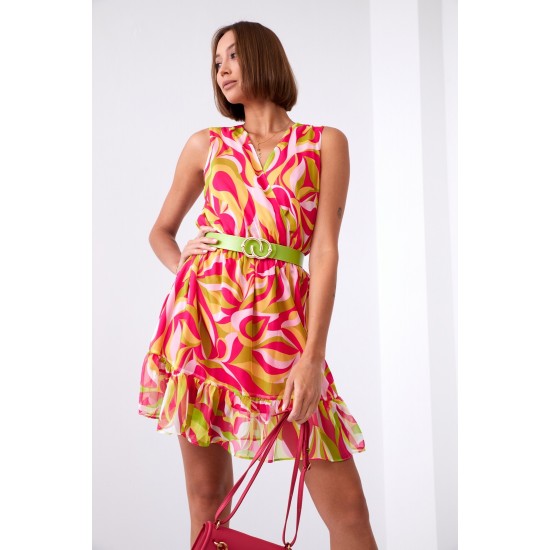 Ефирна къса рокля в розов и зелен цвят 03040 Ефирна къса рокля в розов и зелен цвят 03040