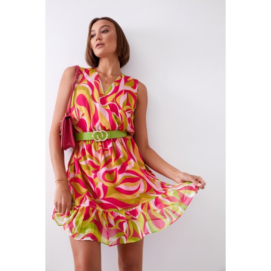 Ефирна къса рокля в розов и зелен цвят 03040 Ефирна къса рокля в розов и зелен цвят 03040
