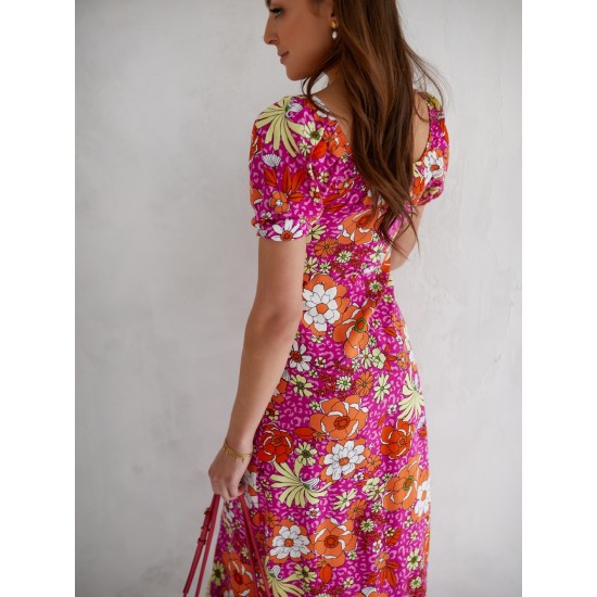 Лятна розова рокля с флорални мотиви, модел 0595 Лятна розова рокля с флорални мотиви, модел 0595