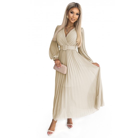 Дамска плисирана рокля в бежов цвят KLARA 414-8 Дамска плисирана рокля в бежов цвят KLARA 414-8
