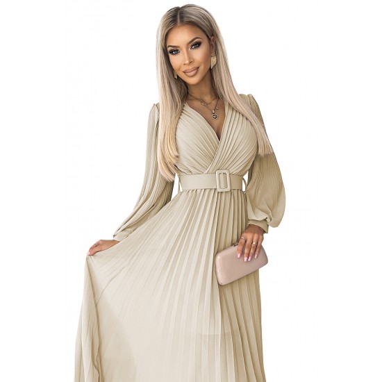 Дамска плисирана рокля в бежов цвят KLARA 414-8 Дамска плисирана рокля в бежов цвят KLARA 414-8