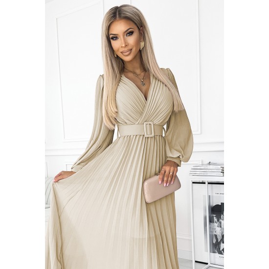 Дамска плисирана рокля в бежов цвят KLARA 414-8 Дамска плисирана рокля в бежов цвят KLARA 414-8