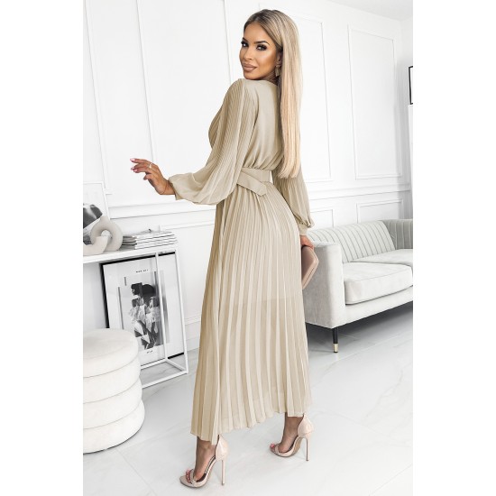 Дамска плисирана рокля в бежов цвят KLARA 414-8 Дамска плисирана рокля в бежов цвят KLARA 414-8