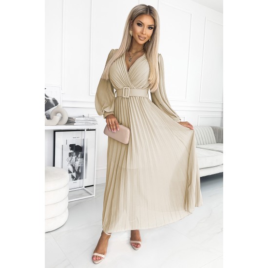 Дамска плисирана рокля в бежов цвят KLARA 414-8 Дамска плисирана рокля в бежов цвят KLARA 414-8