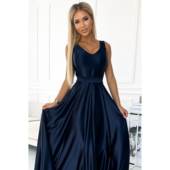 Дълга сатенена рокля в тъмносин цвят 508-1 Дълга сатенена рокля в тъмносин цвят 508-1