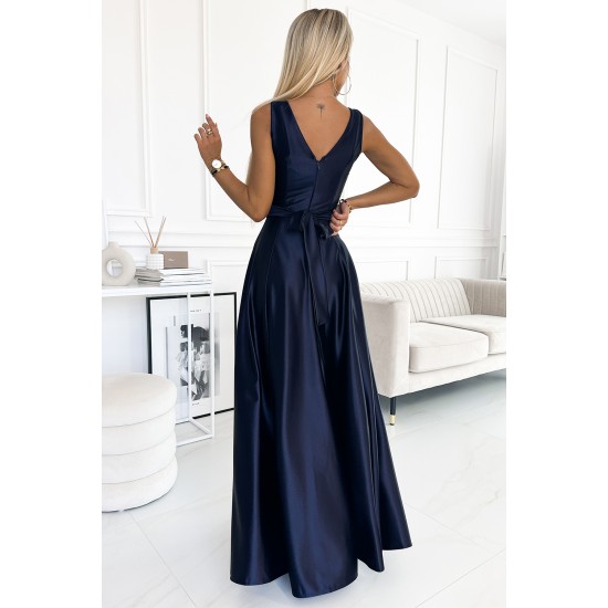 Дълга сатенена рокля в тъмносин цвят 508-1 Дълга сатенена рокля в тъмносин цвят 508-1