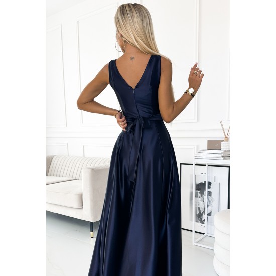 Дълга сатенена рокля в тъмносин цвят 508-1 Дълга сатенена рокля в тъмносин цвят 508-1