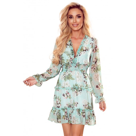 Нежна рокля с флорален принт в зелен цвят 421-2 Нежна рокля с флорален принт в зелен цвят 421-2