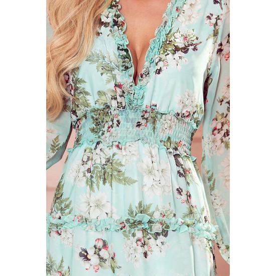 Нежна рокля с флорален принт в зелен цвят 421-2 Нежна рокля с флорален принт в зелен цвят 421-2