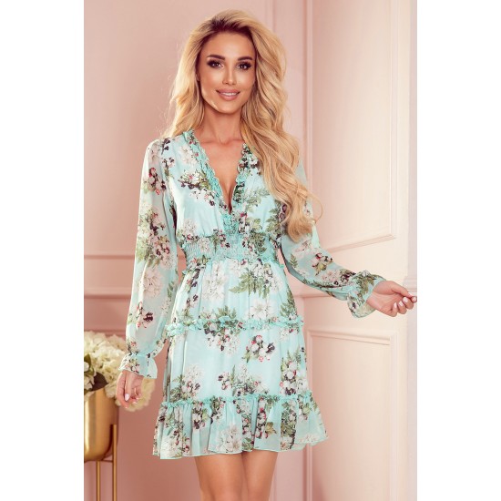 Нежна рокля с флорален принт в зелен цвят 421-2 Нежна рокля с флорален принт в зелен цвят 421-2