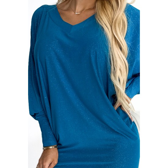 Широка рокля с дълги ръкави в син цвят 402-3