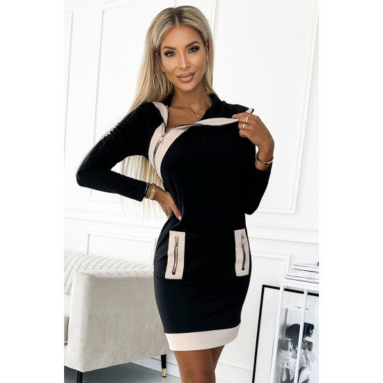 Двуцветна рокля с три ципа в черно 497-2 Двуцветна рокля с три ципа в черно 497-2