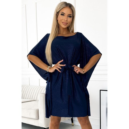 Широка рокля в тъмносин цвят с брокат 287-25 Широка рокля в тъмносин цвят с брокат 287-25