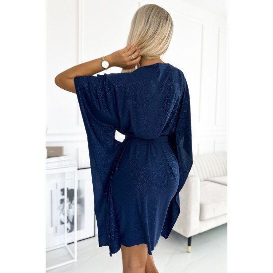 Широка рокля в тъмносин цвят с брокат 287-25 Широка рокля в тъмносин цвят с брокат 287-25