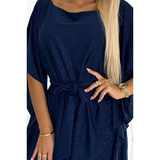 Широка рокля в тъмносин цвят с брокат 287-25 Широка рокля в тъмносин цвят с брокат 287-25