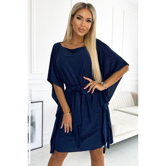 Широка рокля в тъмносин цвят с брокат 287-25 Широка рокля в тъмносин цвят с брокат 287-25