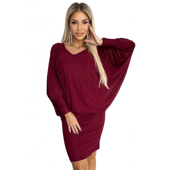 Широка рокля с дълги ръкави в бордо 402-4 Широка рокля с дълги ръкави в бордо 402-4
