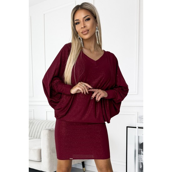 Широка рокля с дълги ръкави в бордо 402-4 Широка рокля с дълги ръкави в бордо 402-4