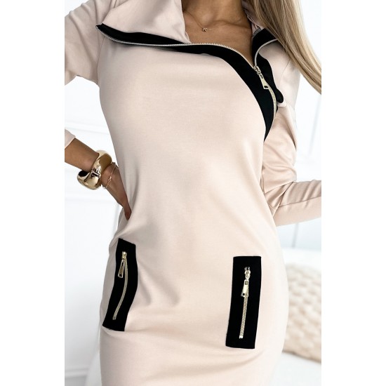 Двуцветна рокля с три ципа в бежово 497-2 Двуцветна рокля с три ципа в бежово 497-2