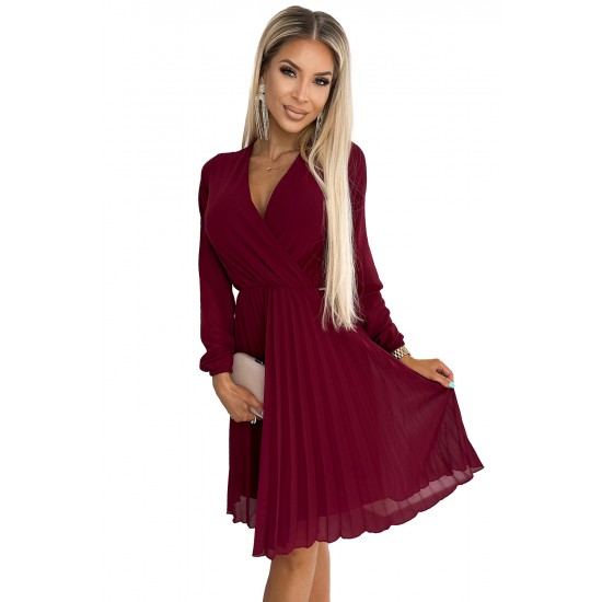 Плисирана рокля с дълъг ръкав в тъмночервено 313-15