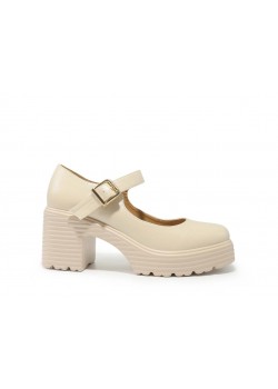Дамски бежови обувки с дебел ток и катарама