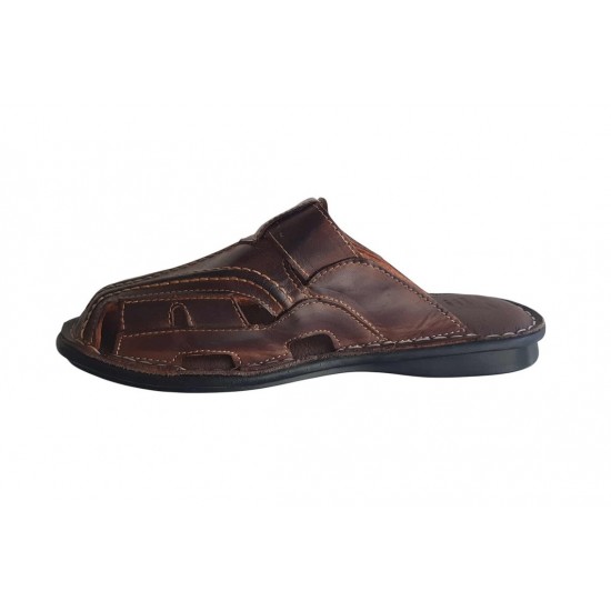 Затворени български чехли от естествена кожа в тъмно кафяво  | Alba.bg