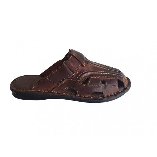 Затворени български чехли от естествена кожа в тъмно кафяво  | Alba.bg